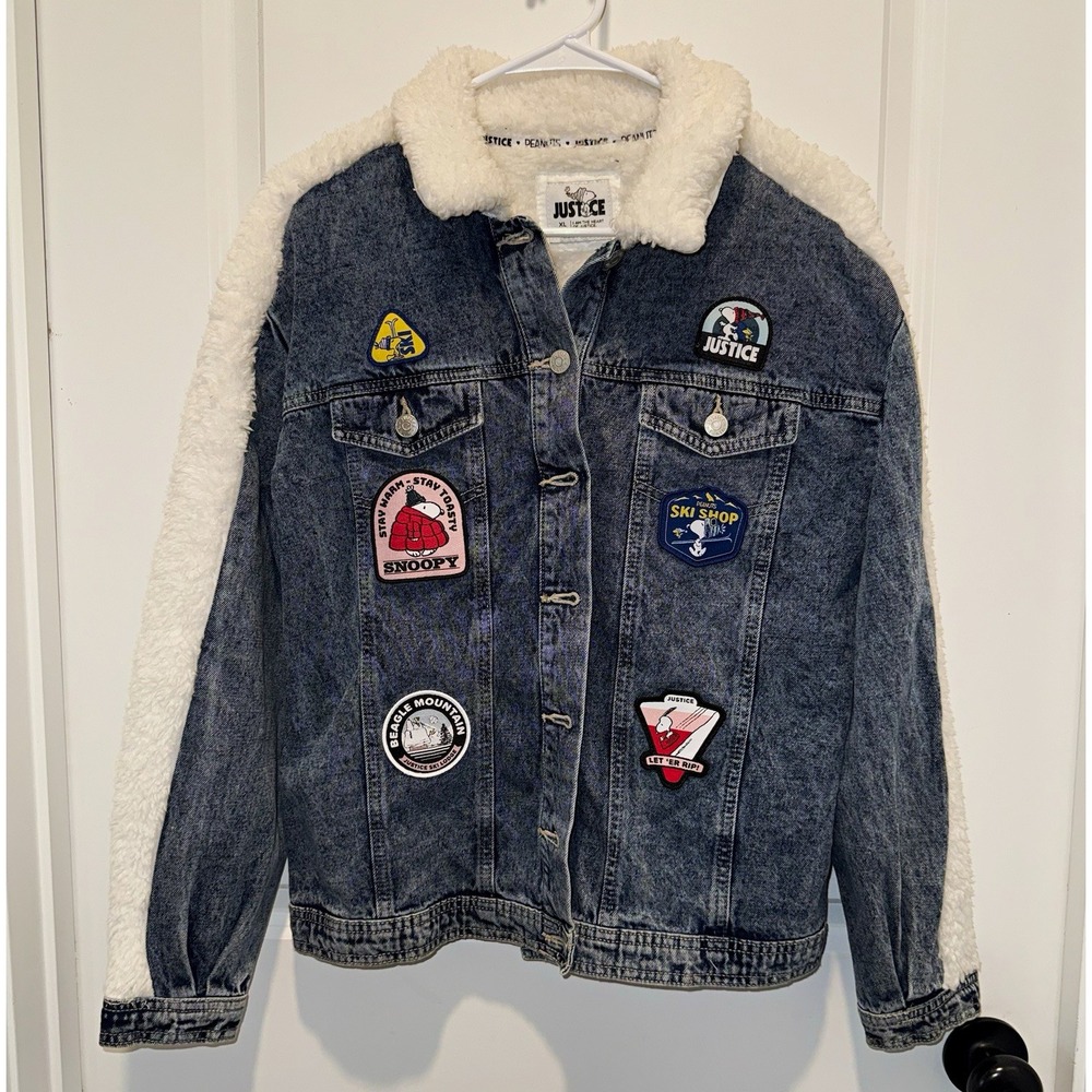 Justice Peanuts Snoopy Sherpa Lined Denim Jacket Blue/White Button Front XL